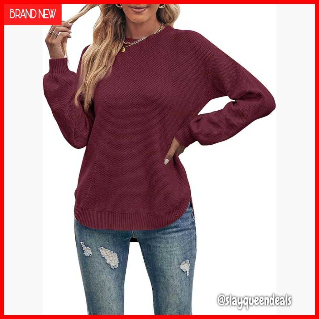Loose Cozy Pullover Sweater Waffle Knit Crew Neck Long Sleeve Casual